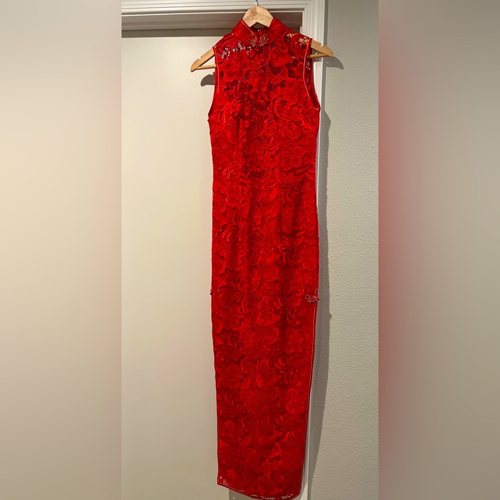 Qi Pao with red lace details